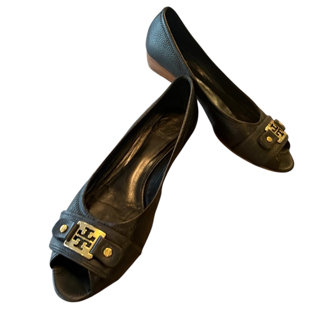 Tory Burch LETICIA Peep-Toe Leather Low Wedges with 1” wood heel Size 9 $325